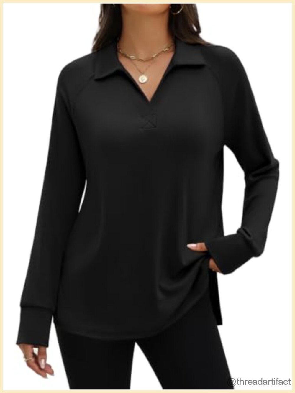 Long Sleeve Polo Shirt V-Neck Loose Fit Tunic Top